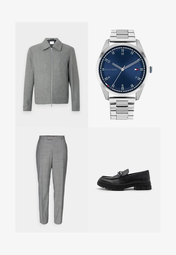 Gray long-sleeve wool jacket with front silver zipper and a classic collar, displayed on a white background.; Set of eight black cotton t-shirts with short sleeves and crew necks, featuring a plain design and a soft texture.; Gray tailored trousers featuring a subtle check pattern, straight cut, and smooth texture with a flat front and belt loops.; Black leather loafer with a rounded toe, a decorative strap and hardware, and a chunky textured sole. Smooth finish with subtle detailing.; Silver metal watch with a brushed blue dial, white hour markers, and a date display. Features a linked metallic band and brand logo.