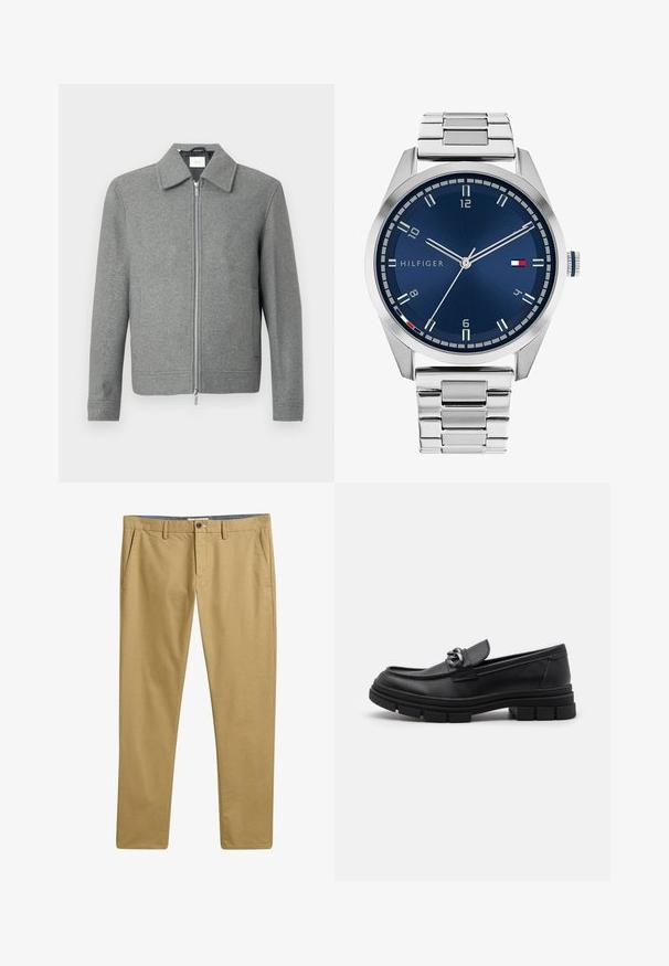 Gray long-sleeve wool jacket with front silver zipper and a classic collar, displayed on a white background.; Set of eight black cotton t-shirts with short sleeves and crew necks, featuring a plain design and a soft texture.; Khaki chinos featuring a smooth fabric texture, straight leg design, front pockets, and a button closure. Structured waist with belt loops.; Black leather loafer with a rounded toe, a decorative strap and hardware, and a chunky textured sole. Smooth finish with subtle detailing.; Silver metal watch with a brushed blue dial, white hour markers, and a date display. Features a linked metallic band and brand logo.