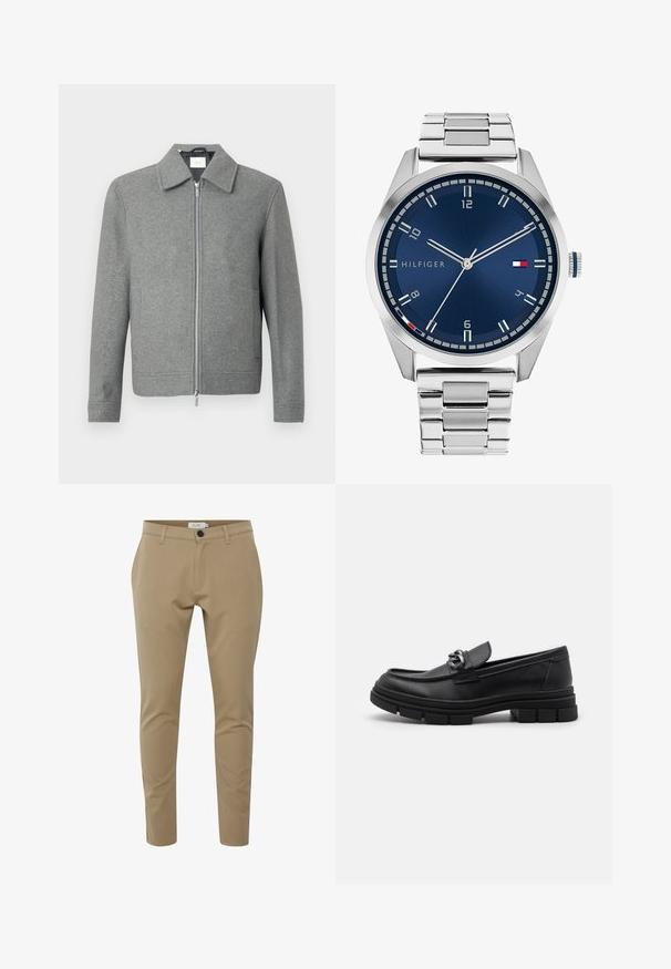 Pilkas ilgas vilnonis švarkas su sidabriniu užtrauktuku priekyje ir klasikiniais atvartais, eksponuojamas baltoje fone.; Aštuoni juodi medvilniniai marškiniai trumpomis rankovėmis ir apvali kaklo iškirpte, su paprastu dizainu ir minkšta tekstūra.; Šviesiai rudos spalvos pritaikyti kelnės su siauru siluetu, turinčios užtrauktuką, šonines kišenes ir vieną mygtuką užsegimui. Lygi audinio tekstūra.; Juodos odinės loafer'iai su apvalia priekiu, dekoratyvine juostele ir metaliniais elementais, taip pat storiu tekstūruotu padu. Lygus paviršius su subtiliu detalizavimu.; Sidabrinis metalinis laikrodis su šlifuotu mėlynu ciferblatu, baltais valandų žymekliais ir datos indikacija. Yra metalinė grandinė ir prekės ženklo logotipas.
