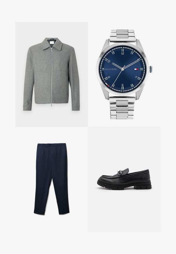 Veste en laine grise à manches longues avec fermeture éclair argentée à l'avant et un col classique, présentée sur un fond blanc.; Ensemble de huit t-shirts noirs en coton à manches courtes et col rond, avec un design uni et une texture douce.; Pantalons taillés bleu marine en tissu lisse, featuring une taille plate, des poches latérales, et une jambe légèrement effilée.; Mocassin en cuir noir avec un bout arrondi, une lanière décorative et des éléments en métal, et une semelle texturée épaisse. Finition lisse avec des détails subtils.; Montre en métal argenté avec un cadran bleu brossé, des index heures blancs et un affichage de la date. Comprend un bracelet métallique à maillons et le logo de la marque.