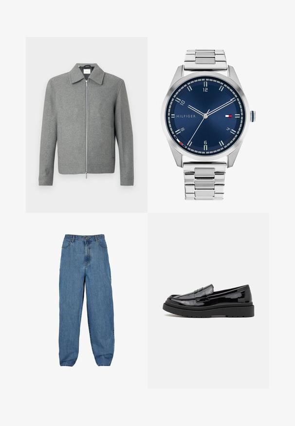 Gray long-sleeve wool jacket with front silver zipper and a classic collar, displayed on a white background.; Set of eight black cotton t-shirts with short sleeves and crew necks, featuring a plain design and a soft texture.; Light blue denim pants with a high waist, wide leg design, five-pocket style, and a button and zip fly closure.; Black patent leather loafers with a rounded toe, a decorative strap, and a thick black rubber sole. Smooth shiny texture with minimal stitching.; Silver metal watch with a brushed blue dial, white hour markers, and a date display. Features a linked metallic band and brand logo.