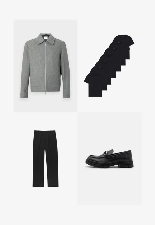 Grajanger Wolljacke mit langen Ärmeln, Front-Reißverschluss in Silber und klassischem Kragen, auf einem weißen Hintergrund präsentiert.; Set aus acht schwarzen Baumwoll-T-Shirts mit kurzen Ärmeln und Rundhalsausschnitten, die ein schlichtes Design und eine weiche Textur aufweisen.; Schwarze Hose mit geradem Schnitt, aus einem glatten Stoff gefertigt. Verfügt über Vorderfalten und einen einzelnen Knopfverschluss an der Taille.; Schwarzer Lederloafer mit runder Zehenform, einem dekorativen Riemen und Hardware sowie einer robusten, strukturierten Sohle. Glatte Oberfläche mit dezenten Details.