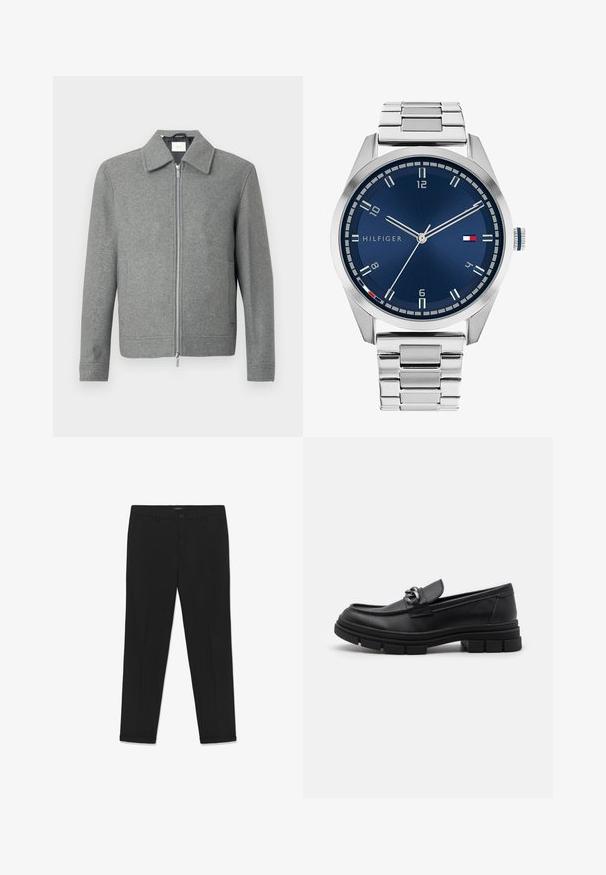 Szary, długi sweter wełniany z długim rękawem, z przodu z suwakiem w kolorze srebrnym i klasycznym kołnierzykiem, zaprezentowany na białym tle.; Zestaw ośmiu czarnych koszulek bawełnianych z krótkimi rękawami i okrągłym dekoltem, o prostym wzorze i miękkiej fakturze.; Czarne spodnie wykonane z gładkiego materiału, o dopasowanym kroju, z płaskim frontem, dwoma bocznymi kieszeniami oraz zapięciem na guzik w pasie.; Czarne skórzane półbuty z okrągłym noskiem, dekoracyjnym paskiem i elementami metalowymi oraz grubą, fakturowaną podeszwą. Gładkie wykończenie z subtelnymi detalami.; Srebrny zegarek metalowy z satynową niebieską tarczą, białymi znacznikami godzin oraz wyświetlaczem daty. Posiada ogniwowy metalowy pasek i logo marki.