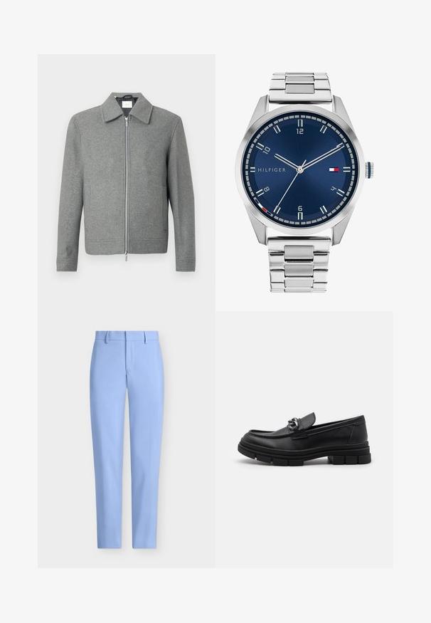 Siva vunena jakna dugih rukava s prednjim srebrnim patentnim zatvaračem i klasičnom kragnom, prikazana na bijeloj pozadini.; Set od osam crnih pamučnih majica s kratkim rukavima i okruglim izrezom, s jednostavnim dizajnom i mekanom teksturom.; Svijetloplave krojene hlače s glatkom teksturom, ravnog kroja i prednjim džepom. Imaju petlje za remen i zatvaranje na munje.; Crne kožne mokasine s zaobljenim vrhom, dekorativnom trakom i hardverom, te masivnom teksturiranom potplatom. Glatka površina s suptilnim detaljima.; Srebrni metalni sat s četkanim plavim brojčanikom, bijelim oznakama sati i prikazom datuma. Ima povezan metalni remen i logo marke.