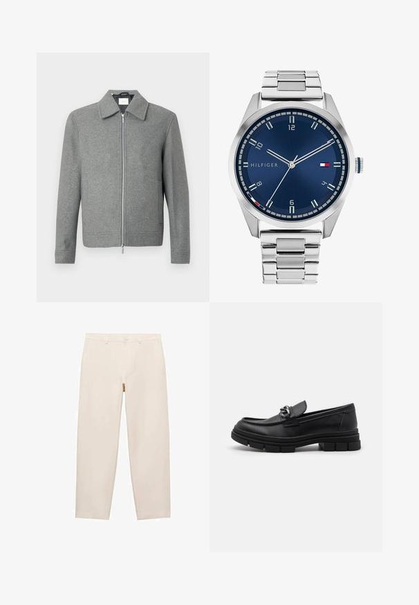 Harmaa pitkähihaine villatakki, jossa on etupuolella hopeinen vetoketju ja klassinen kaulus, esillä valkoista taustaa vasten.; Sarja kahdeksasta mustasta puuvilla-t-paidasta, joissa on lyhyet hihat ja pyöreä kaula-aukko, yksinkertainen muotoilu ja pehmeä rakenne.; Beige suorat housut, jotka on valmistettu pehmeästä kankaasta. Housuissa on vyölenkit, vetoketjukiinnitys ja kaksi sivutaskua. Puhtaat ja minimalistiset linjat.; Musta nahkaloaferi pyöreällä varvalla, koristeellisesti varustetulla hihnalla ja metalliosilla sekä paksulla, teksturoidulla pohjalla. Sileä pinta hienovaraisin yksityiskohdin.; Harmaa metallikello, jossa on harjattu sininen taulu, valkoiset tuntimerkit ja päivämääränäyttö. Varustettu linkitetyllä metallirannekkeella ja brändin logolla.