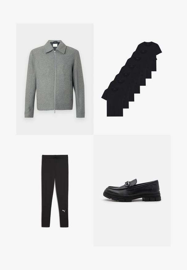 Szürke, hosszú ujjú gyapjú dzseki, elülső ezüst cipzárral és klasszikus gallérral, fehér háttér előtt bemutatva.; Nyolc darabból álló fekete pamut pólókészlet rövid ujjakkal és kerek nyakkal, sima kialakítással és puha felülettel.; Fekete leggings rugalmas anyagból, széles derékpánttal és oldalsó zsebekkel. Egy fehér logó található a boka közelében.; Fekete bőr mokaszín, lekerekített orral, díszes pánttal és fém kiegészítővel, valamint vastag, texturált talppal. Simább felület, finom részletezéssel.