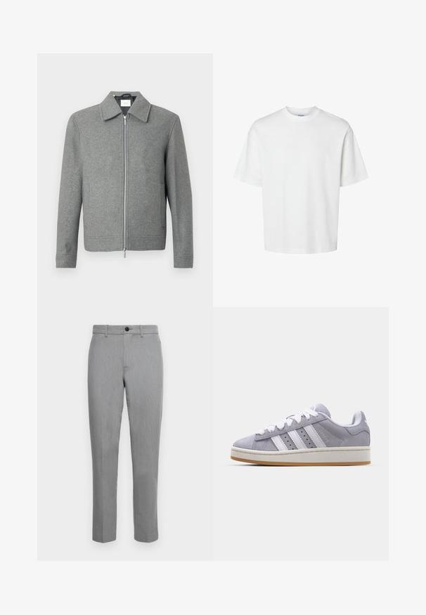 Pilkas ilgas vilnonis švarkas su sidabriniu užtrauktuku priekyje ir klasikiniais atvartais, eksponuojamas baltoje fone.; Balta medvilninė marškinė su trumpomis rankovėmis, apvaliu iškirpimu ir laisvu siluetu. Lygus paviršius be matomų raštų ar akcentų.; Pilkos pritaikytos kelnės su lygiu paviršiumi, priekyje esančiu sagų užsegimu ir tiesiomis kojomis. Paprastas dizainas be raštų ar puošmenų.; Pilki zomšiniai sportbačiai su baltais dryžiais, apvaliu priekiu ir guminiais padais. Yra perforacijos šone ir tekstūruotas kulno juostos elementas.