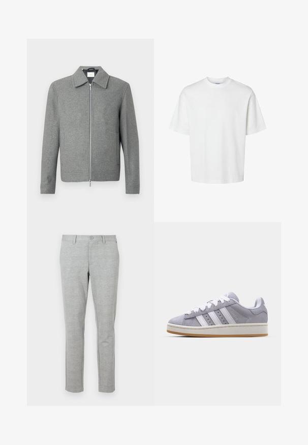 Grajanger Wolljacke mit langen Ärmeln, Front-Reißverschluss in Silber und klassischem Kragen, auf einem weißen Hintergrund präsentiert.; Weißes Baumwoll-T-Shirt mit kurzen Ärmeln, Rundhalsausschnitt und lässigem Schnitt. Glatte Textur ohne sichtbare Muster oder Akzente.; Graue, schlank geschnittene Anzughose aus strukturiertem Material. Verfügt über einen normalen Bund mit Knopfverschluss und seitlichen Taschen.; Graue Wildledersneaker mit weißen Streifen, runder Spitze und Gummisohle. Besitzt Perforationen an der Seite und eine strukturierte Fersenschlaufe.