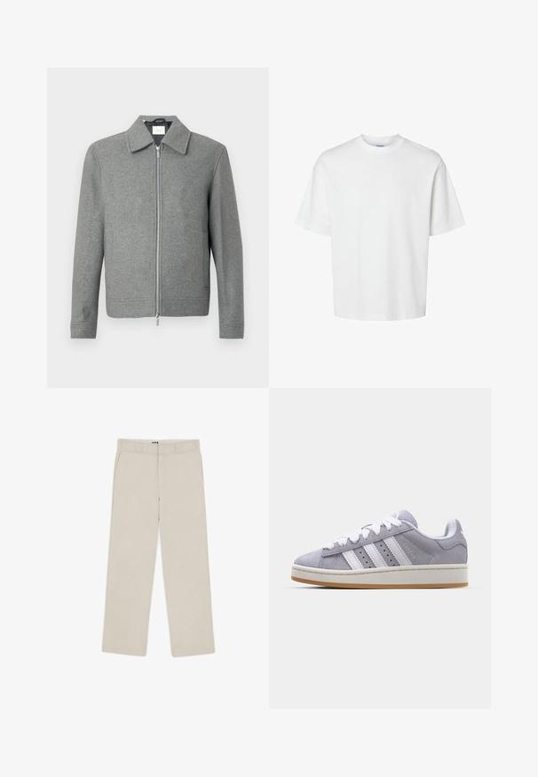 Hall grey pikka, millel on pikad varrukad, hõbedane esi tõmblukk ja klassikaline krae, esitatud valgel taustal.; Valge puuvillane t-särk lühikeste varrukatega, ümmarguse kaelusega ja lõdva lõikega. Sile tekstuur, ilma nähtavate mustrite või aktsentideta.; Beesidise laiad püksid sujuva tekstuuriga, millel on vöölõngad, kaks eesmist taskut ja lukuga sulgemine. Minimalistlik disain.; Halli nahk jalanõud valgete triipudega, ümar varvas ja kummist tald. Küljel on perforatsioonid ja tekstuuriga kannaosa.