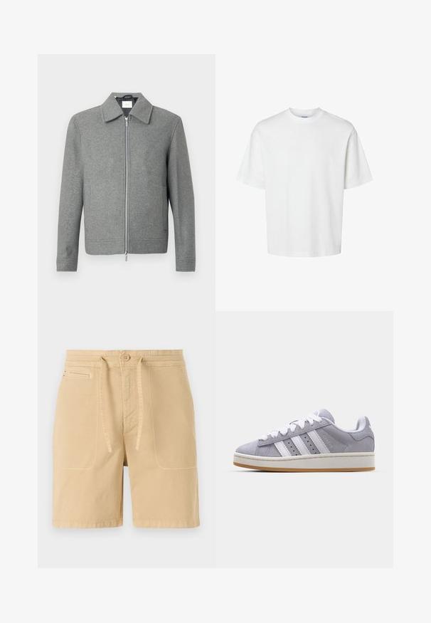 Grajanger Wolljacke mit langen Ärmeln, Front-Reißverschluss in Silber und klassischem Kragen, auf einem weißen Hintergrund präsentiert.; Weißes Baumwoll-T-Shirt mit kurzen Ärmeln, Rundhalsausschnitt und lässigem Schnitt. Glatte Textur ohne sichtbare Muster oder Akzente.; Beige Shorts aus Baumwolle mit Zugbandbund, vorderen Taschen und sichtbaren Nähten. Einfaches, lässiges Design.; Graue Wildledersneaker mit weißen Streifen, runder Spitze und Gummisohle. Besitzt Perforationen an der Seite und eine strukturierte Fersenschlaufe.