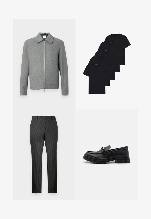 Pilkas ilgas vilnonis švarkas su sidabriniu užtrauktuku priekyje ir klasikiniais atvartais, eksponuojamas baltoje fone.; Penki juodi apvalaus kaklo marškiniai. Trumpomis rankovėmis, pagaminti iš medvilnės, standartinio kirpimo. Lygus paviršius be matomų raštų ar puošmenų.; Pilki dryžuoti kelnių, pagaminti iš lygios tekstūros audinio. Turi priekinius mygtukus ir tiesaus kojų modelį, užtikrinantį pritaikytą fitą.; Juodos odinės loafer'iai su apvalia priekiu, dekoratyvine juostele ir metaliniais elementais, taip pat storiu tekstūruotu padu. Lygus paviršius su subtiliu detalizavimu.