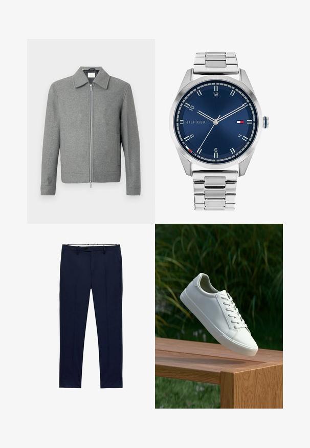 Grijze lange mouw woljas met een zilveren rits aan de voorkant en een klassieke kraag, weergegeven op een witte achtergrond.; Witte T-shirts met korte mouwen gestapeld, gemaakt van katoen. Heeft een ronde hals en een rechte snit. Stof lijkt soepel zonder patronen.; Marineblauwe broek met een slim fit en een streepdessin. Beschikt over een ritssluiting, ceintuurlussen en zijzakken. Soepele stofstructuur.; Witte vetersneaker die boven een houten bank zweeft met groene bladeren op de achtergrond, waarbij het ontwerp en de textuur van de schoen worden getoond.; Zilveren metalen horloge met een geborstelde blauwe wijzerplaat, witte uurmarkeringen en een datumweergave. Voorzien van een geschakelde metalen band en het logo van het merk.