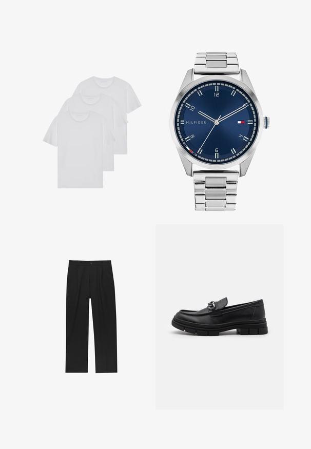 Siv plašč z dolgimi rokavi iz volne s sprednjim srebrnim zadrgo in klasičnim ovratnikom, prikazan na beli ozadju.; Tri bele majice iz mehkega bombaža, s kratkimi rokavi in okroglim izrezom, lepo zložene z minimalnimi šivi.; Črne hlače z ravnim krojem, narejene iz gladkega materiala. Imajo sprednje gube in enojno zaponko na pasu.; Črni usnjeni loaferji z zaobljenim nosom, dekorativnim trakom in dodatki ter debelim teksturiranim podplatom. Gladek zaključek s subtilnimi detajli.; Srebrna kovinska ura z brušenim modrim številcem, belimi številčnicami in prikazom datuma. Ima povezano kovinsko zapestnico in logotip blagovne znamke.