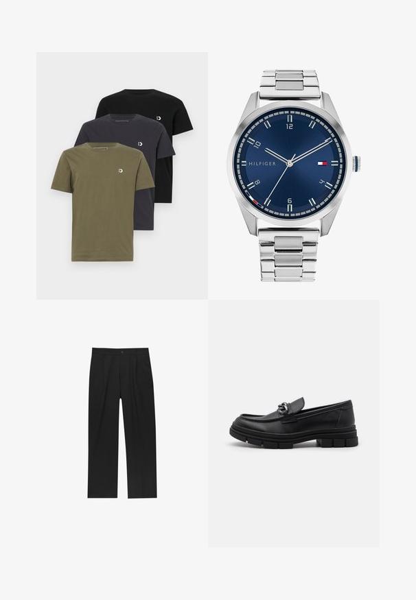 Siv plašč z dolgimi rokavi iz volne s sprednjim srebrnim zadrgo in klasičnim ovratnikom, prikazan na beli ozadju.; Tri kratke majice s kratkimi rokavi v olivno zeleni, temno sivi in črni barvi. Narejene iz mehkega bombaža, vsaka ima majhen logotip na prsih.; Črne hlače z ravnim krojem, narejene iz gladkega materiala. Imajo sprednje gube in enojno zaponko na pasu.; Črni usnjeni loaferji z zaobljenim nosom, dekorativnim trakom in dodatki ter debelim teksturiranim podplatom. Gladek zaključek s subtilnimi detajli.; Srebrna kovinska ura z brušenim modrim številcem, belimi številčnicami in prikazom datuma. Ima povezano kovinsko zapestnico in logotip blagovne znamke.