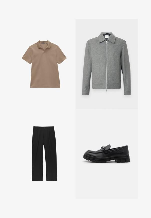 Grå langærmet uldjakke med sølvfarvet lynlås foran og klassisk krave, præsenteret på en hvid baggrund.; Brun bomulds polo-shirt med klassisk krave, korte ærmer og et diskret v-hals design. Glat tekstur og enkelt snit.; Sorte bukser med lige ben, lavet af et glat stof. Har frontfolder og en enkelt knaplukning i taljen.; Sort læderloafer med rund tå, en dekorativ rem og hardware, samt en chunky tekstureret sål. Glat finish med subtile detaljer.