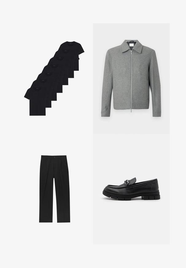 Giacca di lana grigia a maniche lunghe con zipper argento frontale e colletto classico, esposta su uno sfondo bianco.; Set di otto t-shirt nere in cotone con maniche corte e collo a giro, caratterizzate da un design semplice e una texture morbida.; Pantaloni neri con un design a gamba dritta, realizzati in un tessuto liscio. Presentano pieghe frontali e una chiusura a un bottone in vita.; Mocassino in pelle nera con punta arrotondata, una fascia decorativa e accessori in metallo, e una suola spessa e testurizzata. Finitura liscia con dettagli sottili.