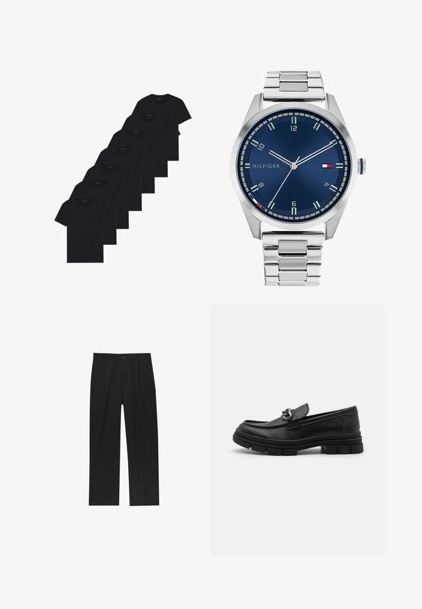 Grijze lange mouw woljas met een zilveren rits aan de voorkant en een klassieke kraag, weergegeven op een witte achtergrond.; Set van acht zwarte katoenen T-shirts met korte mouwen en een ronde hals, met een eenvoudige uitstraling en een zachte textuur.; Zwarte broeken met een recht model, gemaakt van een gladde stof. Voorzien van een voorplooien en een enkele knoopsluiting bij de taille.; Zwarte leren instapper met een ronde neus, een decoratieve band en hardware, en een chunky, gestructureerde zool. Glad afwerking met subtiele details.; Zilveren metalen horloge met een geborstelde blauwe wijzerplaat, witte uurmarkeringen en een datumweergave. Voorzien van een geschakelde metalen band en het logo van het merk.