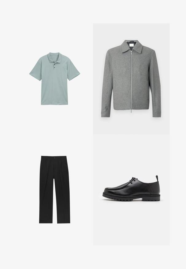 Szürke, hosszú ujjú gyapjú dzseki, elülső ezüst cipzárral és klasszikus gallérral, fehér háttér előtt bemutatva.; Világos türkiz pólóing, puha anyagból készült, klasszikus gallérral, rövid ujjakkal, három gombbal és mintáktól mentes, egyszerű dizájnnal.; Fekete nadrág egyenes szárú kialakítással, sima anyagból készült. Elöl redők és egy gombos záródás található a derékon.; Fekete bőr cipő, fűzős kivitelben, strapabíró talppal és saroknál húzófüllel, oldalnézetből, fehér háttér előtt.
