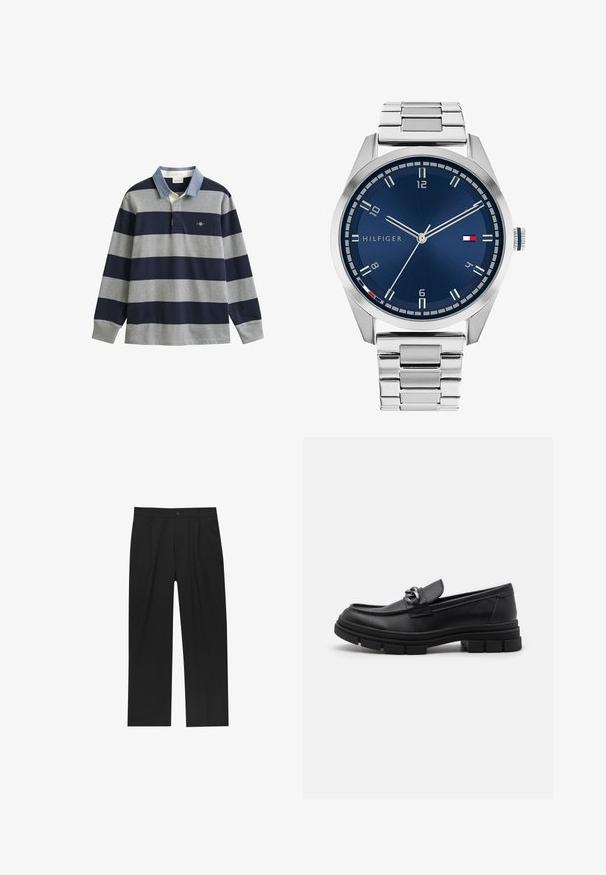 Grijze lange mouw woljas met een zilveren rits aan de voorkant en een klassieke kraag, weergegeven op een witte achtergrond.; Polo met lange mouwen met marineblauwe en grijze strepen, een lichtblauwe kraag en een logo op de borst. Gemaakt van katoenen stof met een zachte textuur.; Zwarte broeken met een recht model, gemaakt van een gladde stof. Voorzien van een voorplooien en een enkele knoopsluiting bij de taille.; Zwarte leren instapper met een ronde neus, een decoratieve band en hardware, en een chunky, gestructureerde zool. Glad afwerking met subtiele details.; Zilveren metalen horloge met een geborstelde blauwe wijzerplaat, witte uurmarkeringen en een datumweergave. Voorzien van een geschakelde metalen band en het logo van het merk.