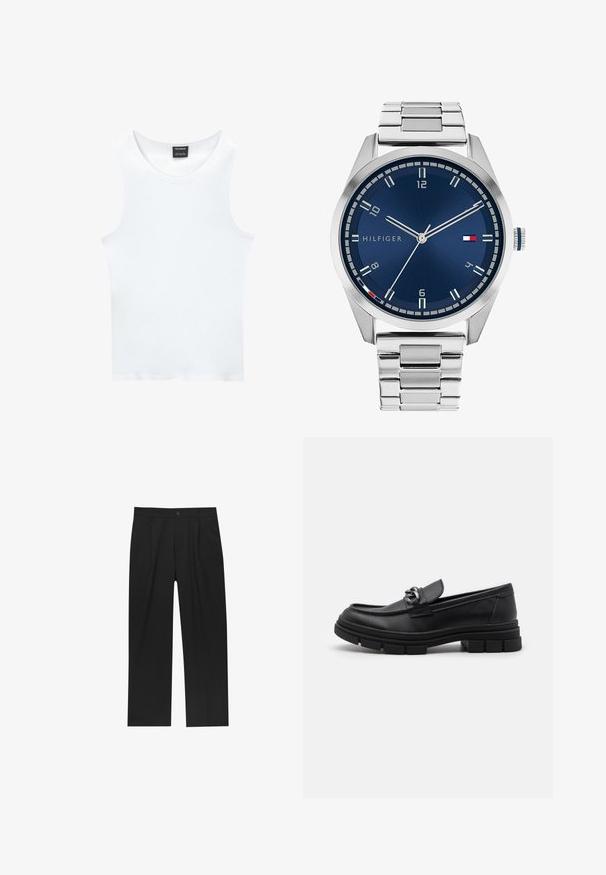Šedý vlnený kabát s dlouhým rukávem a stříbrným zipem vpředu, s klasickým límcem, vystavený na bílém pozadí.; Bílý bezrukávový top z ribovaného bavlněného materiálu. Má zaoblený výstřih a hladkou strukturu. Štítek nese nápis "PULL&BEAR".; Černé kalhoty s rovnými nohavicemi, vyrobené z hladké tkaniny. Mají přední záhyby a jedno knoflíkové zapínání v pase.; Černé kožené mokasíny s kulatou špičkou, dekoračním páskem a kovovými prvky, a masivní texturovanou podrážkou. Hladký povrch s jemnými detaily.; Stříbrné kovové hodinky s broušeným modrým ciferníkem, bílými hodinovými indexy a zobrazením data. Mají spojený kovový pásek a logo značky.