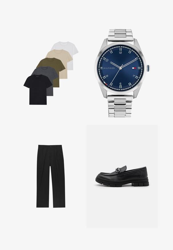 Grå långärmad ulljacka med silverfärgad dragkedja framtill och klassisk krage, uppställd mot en vit bakgrund.; Fem crew-neck t-shirts ordnade i en gradient: svart, mörkgrå, olivgrön, beige och vit. Tillverkade av mjukt, andningsbart tyg.; Svarta byxor med rak ben-design, tillverkade av ett jämnt tyg. Har framfickor och en enkel knapplåsning i midjan.; Svart läderloafersko med rund tå, en dekorativ rem och hårdvara, samt en chunky texturerad sula. Slät finish med subtila detaljer.; Silver metall klocka med en borstad blå urtavla, vita timmarkörer och en datumvisning. Har ett länkande metallarmband och varumärkeslogotyp.