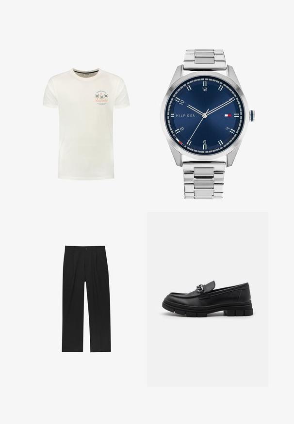 Šedý vlnený kabát s dlouhým rukávem a stříbrným zipem vpředu, s klasickým límcem, vystavený na bílém pozadí.; Bílá bavlněná tričko s krátkými rukávy. Na přední straně se nachází grafika palm, slunce a vln v pastelových barvách. Kulatý výstřih, volný střih.; Černé kalhoty s rovnými nohavicemi, vyrobené z hladké tkaniny. Mají přední záhyby a jedno knoflíkové zapínání v pase.; Černé kožené mokasíny s kulatou špičkou, dekoračním páskem a kovovými prvky, a masivní texturovanou podrážkou. Hladký povrch s jemnými detaily.; Stříbrné kovové hodinky s broušeným modrým ciferníkem, bílými hodinovými indexy a zobrazením data. Mají spojený kovový pásek a logo značky.