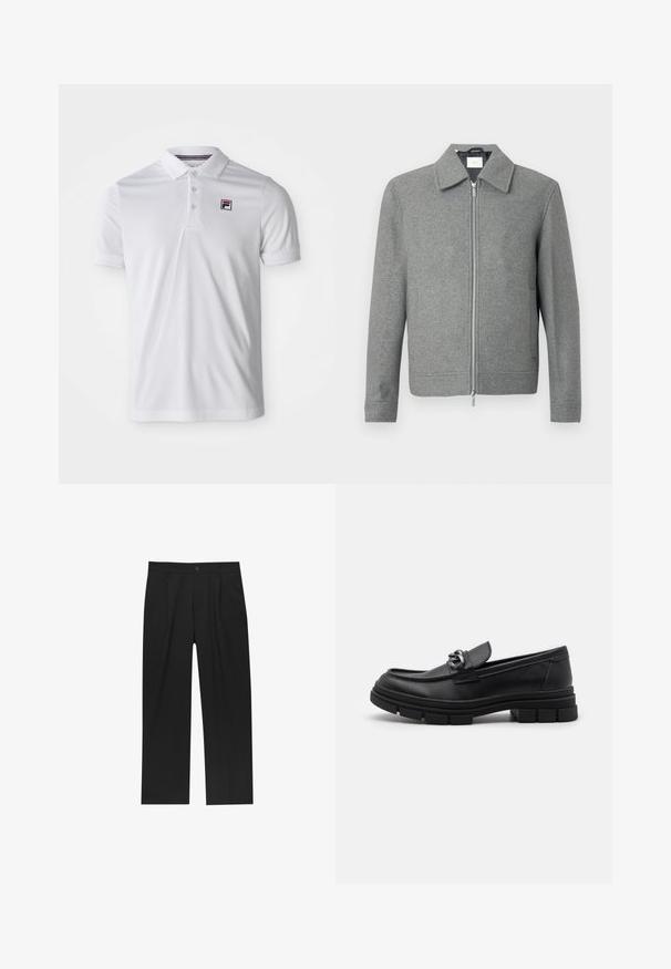Grå langærmet uldjakke med sølvfarvet lynlås foran og klassisk krave, præsenteret på en hvid baggrund.; Hvid polo shirt lavet af glat, åndbart stof. Har en knapkrave og et lille logo på venstre bryst. Korte ærmer.; Sorte bukser med lige ben, lavet af et glat stof. Har frontfolder og en enkelt knaplukning i taljen.; Sort læderloafer med rund tå, en dekorativ rem og hardware, samt en chunky tekstureret sål. Glat finish med subtile detaljer.