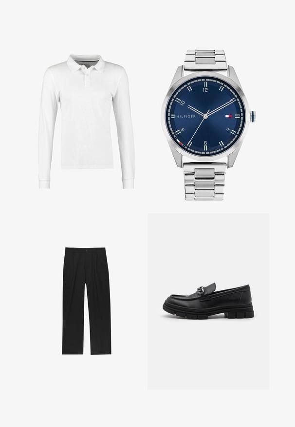 Grijze lange mouw woljas met een zilveren rits aan de voorkant en een klassieke kraag, weergegeven op een witte achtergrond.; Langsleeve polo shirt van witte katoen, met een kraag-halslijn, drie-knopsluiting en een effen textuur zonder patronen of versieringen.; Zwarte broeken met een recht model, gemaakt van een gladde stof. Voorzien van een voorplooien en een enkele knoopsluiting bij de taille.; Zwarte leren instapper met een ronde neus, een decoratieve band en hardware, en een chunky, gestructureerde zool. Glad afwerking met subtiele details.; Zilveren metalen horloge met een geborstelde blauwe wijzerplaat, witte uurmarkeringen en een datumweergave. Voorzien van een geschakelde metalen band en het logo van het merk.