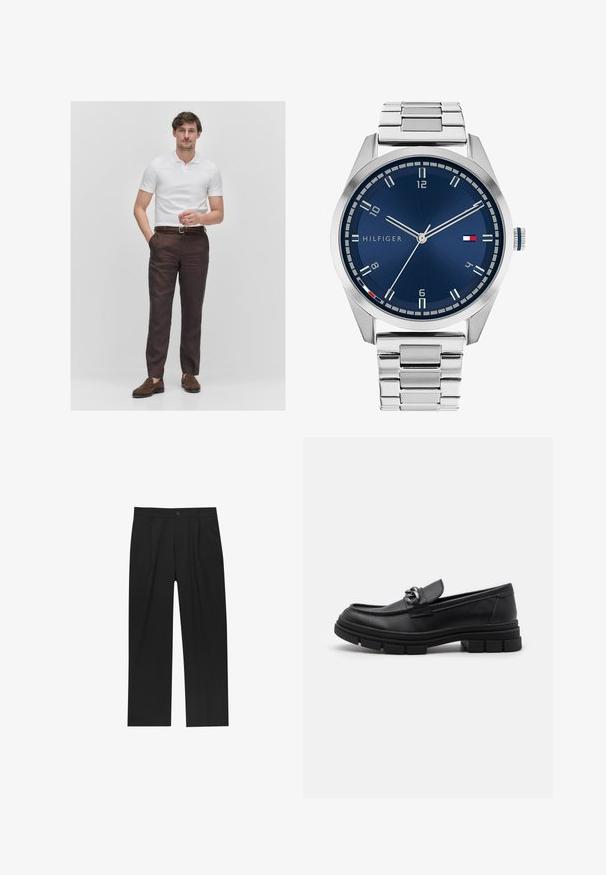 Grå langærmet uldjakke med sølvfarvet lynlås foran og klassisk krave, præsenteret på en hvid baggrund.; Hvid kortærmet polo-shirt, mørkebrune linnedbukser, fletlæderbælte i brun, brune ruskinds loafers, stående mod en ensfarvet baggrund.; Sorte bukser med lige ben, lavet af et glat stof. Har frontfolder og en enkelt knaplukning i taljen.; Sort læderloafer med rund tå, en dekorativ rem og hardware, samt en chunky tekstureret sål. Glat finish med subtile detaljer.; Sølvmetal ur med en børstet blå urskive, hvide timemarkører og en datovisning. Har et sammenkædet metalarmbånd og brandlogo.