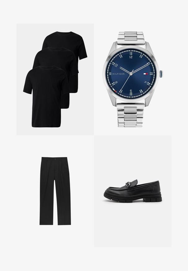 Grajanger Wolljacke mit langen Ärmeln, Front-Reißverschluss in Silber und klassischem Kragen, auf einem weißen Hintergrund präsentiert.; Drei schwarze Baumwoll-T-Shirts mit kurzen Ärmeln und Rundhalskragen, die eine glatte Textur und keine Verzierungen aufweisen.; Schwarze Hose mit geradem Schnitt, aus einem glatten Stoff gefertigt. Verfügt über Vorderfalten und einen einzelnen Knopfverschluss an der Taille.; Schwarzer Lederloafer mit runder Zehenform, einem dekorativen Riemen und Hardware sowie einer robusten, strukturierten Sohle. Glatte Oberfläche mit dezenten Details.; Silberne Metall-Uhr mit einem gebürsteten blauen Zifferblatt, weißen Stundenmarkierungen und einem Datumsanzeiger. Verfügt über ein verlinktes Metallarmband und ein Markenlogo.