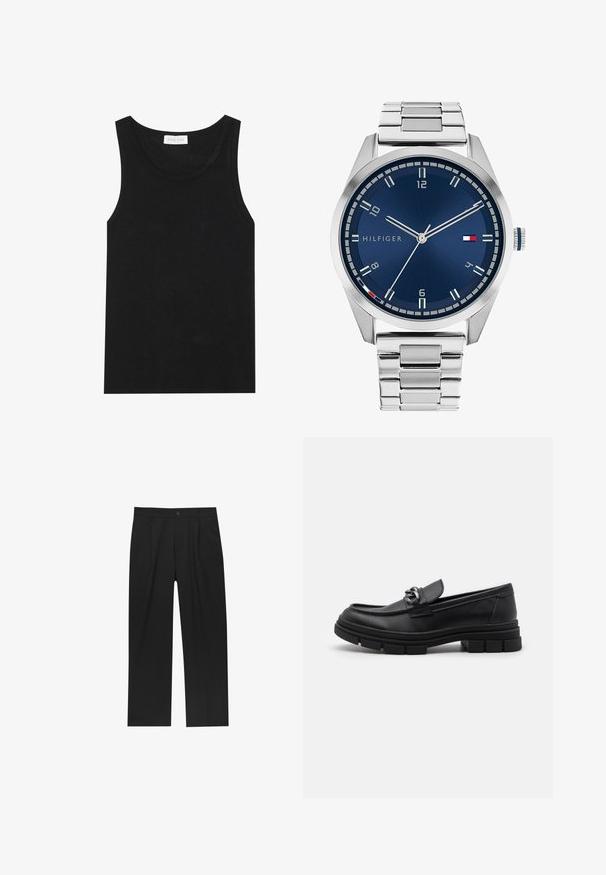 Grå langærmet uldjakke med sølvfarvet lynlås foran og klassisk krave, præsenteret på en hvid baggrund.; Sort tanktop lavet af ribbet stof, med en rund halsudskæring og uden ærmer, med en lige kant og et minimalistisk design.; Sorte bukser med lige ben, lavet af et glat stof. Har frontfolder og en enkelt knaplukning i taljen.; Sort læderloafer med rund tå, en dekorativ rem og hardware, samt en chunky tekstureret sål. Glat finish med subtile detaljer.; Sølvmetal ur med en børstet blå urskive, hvide timemarkører og en datovisning. Har et sammenkædet metalarmbånd og brandlogo.; Sølv kædedyse med tykke led og et centralt cirkulært vedhæng med indviklet detaljering. Glat, reflekterende metaloverflade.