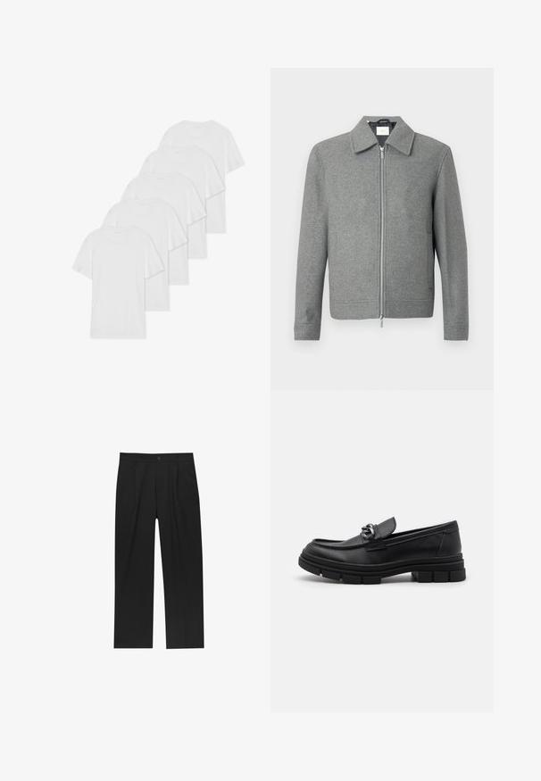 Giacca di lana grigia a maniche lunghe con zipper argento frontale e colletto classico, esposta su uno sfondo bianco.; Sei t-shirt bianche in cotone con maniche corte e scolli tondi disposte in fila, caratterizzate da una texture liscia e senza motivi visibili.; Pantaloni neri con un design a gamba dritta, realizzati in un tessuto liscio. Presentano pieghe frontali e una chiusura a un bottone in vita.; Mocassino in pelle nera con punta arrotondata, una fascia decorativa e accessori in metallo, e una suola spessa e testurizzata. Finitura liscia con dettagli sottili.