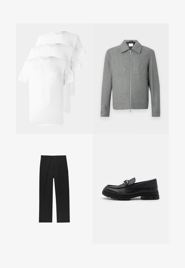 Giacca di lana grigia a maniche lunghe con zipper argento frontale e colletto classico, esposta su uno sfondo bianco.; Tre t-shirt bianche in cotone, con collo rotondo, maniche corte e una superficie liscia e uniforme, senza motivi o decorazioni visibili.; Pantaloni neri con un design a gamba dritta, realizzati in un tessuto liscio. Presentano pieghe frontali e una chiusura a un bottone in vita.; Mocassino in pelle nera con punta arrotondata, una fascia decorativa e accessori in metallo, e una suola spessa e testurizzata. Finitura liscia con dettagli sottili.