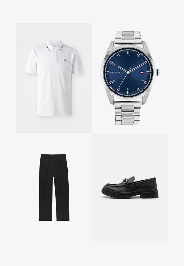 Harmaa pitkähihaine villatakki, jossa on etupuolella hopeinen vetoketju ja klassinen kaulus, esillä valkoista taustaa vasten.; Valkoinen polo-paita lyhyillä hihoilla, jossa on kaksipainikkeinen kaulus ja musta reunus kauluksessa. Rinnassa on pieni musta logo.; Mustat housut suoranlahkeisella muotoilulla, valmistettu sileästä kankaasta. Ominaisuuksiin kuuluu etupleateet ja yksi nappikiinnitys vyötäröllä.; Musta nahkaloaferi pyöreällä varvalla, koristeellisesti varustetulla hihnalla ja metalliosilla sekä paksulla, teksturoidulla pohjalla. Sileä pinta hienovaraisin yksityiskohdin.; Harmaa metallikello, jossa on harjattu sininen taulu, valkoiset tuntimerkit ja päivämääränäyttö. Varustettu linkitetyllä metallirannekkeella ja brändin logolla.
