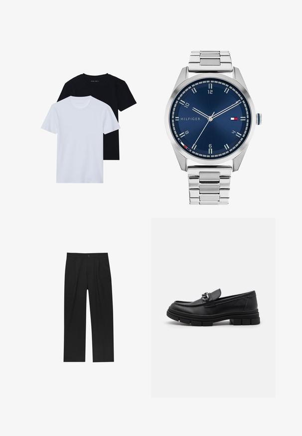 Siva vunena jakna dugih rukava s prednjim srebrnim patentnim zatvaračem i klasičnom kragnom, prikazana na bijeloj pozadini.; Dva majice kratkih rukava s okruglim izrezom, jedna crna i jedna bijela, napravljene od mekanog pamučnog materijala s rebrastom teksturom. Klasičan kroj.; Crne hlače ravnog kroja, izrađene od glatkog materijala. Imaju prednje nabore i jedan dugme na struku.; Crne kožne mokasine s zaobljenim vrhom, dekorativnom trakom i hardverom, te masivnom teksturiranom potplatom. Glatka površina s suptilnim detaljima.; Srebrni metalni sat s četkanim plavim brojčanikom, bijelim oznakama sati i prikazom datuma. Ima povezan metalni remen i logo marke.