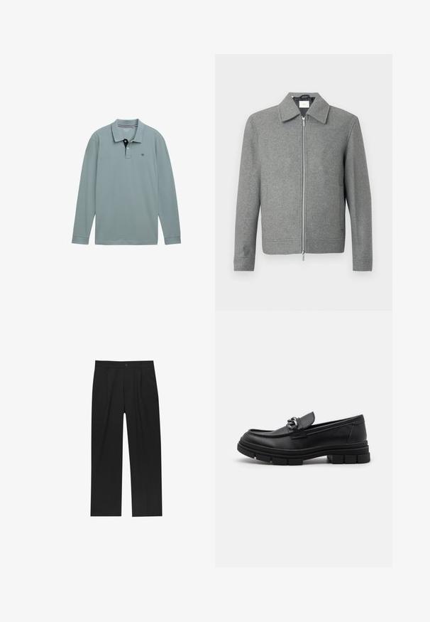 Szürke, hosszú ujjú gyapjú dzseki, elülső ezüst cipzárral és klasszikus gallérral, fehér háttér előtt bemutatva.; Világoskék, hosszú ujjú polo póló, kontrasztos sötétkék gallérral. Pamut anyag, bal mellkason egy kis logóval. Klasszikus szabás.; Fekete nadrág egyenes szárú kialakítással, sima anyagból készült. Elöl redők és egy gombos záródás található a derékon.; Fekete bőr mokaszín, lekerekített orral, díszes pánttal és fém kiegészítővel, valamint vastag, texturált talppal. Simább felület, finom részletezéssel.
