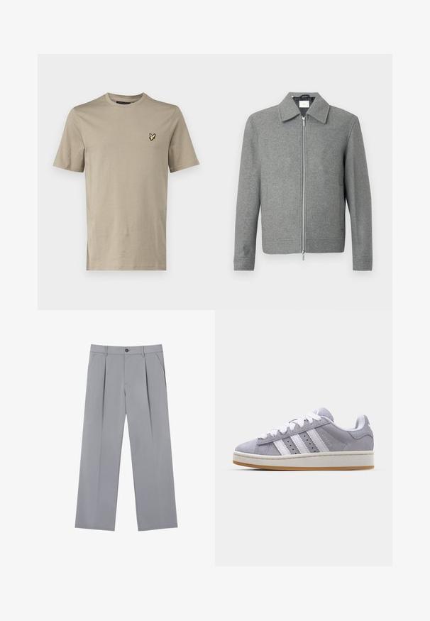 Grijze lange mouw woljas met een zilveren rits aan de voorkant en een klassieke kraag, weergegeven op een witte achtergrond.; Lyle & Scott T-shirt basic - sage; Grijze geplooide broeken met een ontspannen pasvorm, gemaakt van een lichte stof. Voorzien van voorzakken en een knoopsluiting in de taille.; Grijze suede sneakers met witte strepen, ronde neus en rubberen zool. Heeft perforaties aan de zijkant en een getextureerde hiel tab.