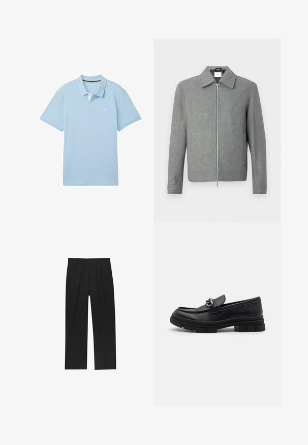 Grå långärmad ulljacka med silverfärgad dragkedja framtill och klassisk krage, uppställd mot en vit bakgrund.; Ljust blå polotröja i slitstark tyg. Har klassisk krage, korta ärmar och en liten logotyp på vänster bröst.; Svarta byxor med rak ben-design, tillverkade av ett jämnt tyg. Har framfickor och en enkel knapplåsning i midjan.; Svart läderloafersko med rund tå, en dekorativ rem och hårdvara, samt en chunky texturerad sula. Slät finish med subtila detaljer.