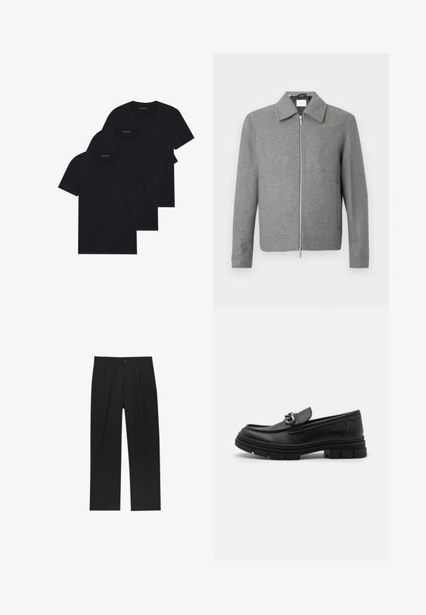 Grijze lange mouw woljas met een zilveren rits aan de voorkant en een klassieke kraag, weergegeven op een witte achtergrond.; Drie zwarte katoenen t-shirts met een ronde hals, korte mouwen en een eenvoudig ontwerp. Elk shirt heeft een zichtbaar logo nabij de halslijn.; Zwarte broeken met een recht model, gemaakt van een gladde stof. Voorzien van een voorplooien en een enkele knoopsluiting bij de taille.; Zwarte leren instapper met een ronde neus, een decoratieve band en hardware, en een chunky, gestructureerde zool. Glad afwerking met subtiele details.