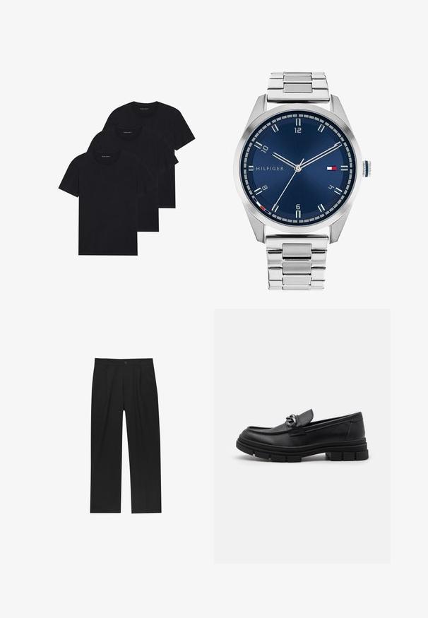 Siv plašč z dolgimi rokavi iz volne s sprednjim srebrnim zadrgo in klasičnim ovratnikom, prikazan na beli ozadju.; Tri črna bombažna majica s kratkimi rokavi in krožnim ovratnikom, enostavne zasnove. Vsaka majica ima vidno logo blizu ovratnika.; Črne hlače z ravnim krojem, narejene iz gladkega materiala. Imajo sprednje gube in enojno zaponko na pasu.; Črni usnjeni loaferji z zaobljenim nosom, dekorativnim trakom in dodatki ter debelim teksturiranim podplatom. Gladek zaključek s subtilnimi detajli.; Srebrna kovinska ura z brušenim modrim številcem, belimi številčnicami in prikazom datuma. Ima povezano kovinsko zapestnico in logotip blagovne znamke.
