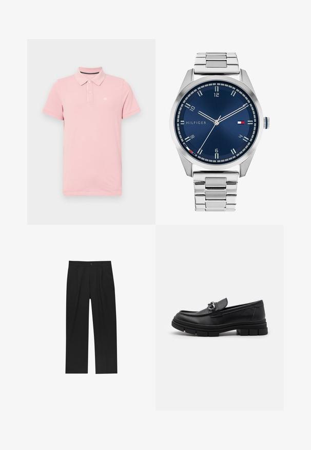 Siv plašč z dolgimi rokavi iz volne s sprednjim srebrnim zadrgo in klasičnim ovratnikom, prikazan na beli ozadju.; Roza polo majica iz bombaža z klasičnim ovratnikom, tremi gumbi in majhnim logotipom na levi strani prsnega koša. Kratke rokave in običajna prileganje.; Črne hlače z ravnim krojem, narejene iz gladkega materiala. Imajo sprednje gube in enojno zaponko na pasu.; Črni usnjeni loaferji z zaobljenim nosom, dekorativnim trakom in dodatki ter debelim teksturiranim podplatom. Gladek zaključek s subtilnimi detajli.; Srebrna kovinska ura z brušenim modrim številcem, belimi številčnicami in prikazom datuma. Ima povezano kovinsko zapestnico in logotip blagovne znamke.