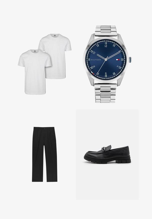 Szürke, hosszú ujjú gyapjú dzseki, elülső ezüst cipzárral és klasszikus gallérral, fehér háttér előtt bemutatva.; Két sima fehér rövid ujjú környakú póló, az egyik kicsit hátrébb és magasabb, mint a másik, fehér háttér előtt.; Fekete nadrág egyenes szárú kialakítással, sima anyagból készült. Elöl redők és egy gombos záródás található a derékon.; Fekete bőr mokaszín, lekerekített orral, díszes pánttal és fém kiegészítővel, valamint vastag, texturált talppal. Simább felület, finom részletezéssel.; Ezüst színű fém óra kék, kefélt számlappal, fehér órijjelezőkkel és dátumkijelzővel. Fém, láncolt szíj és márkalogó jellemzi.