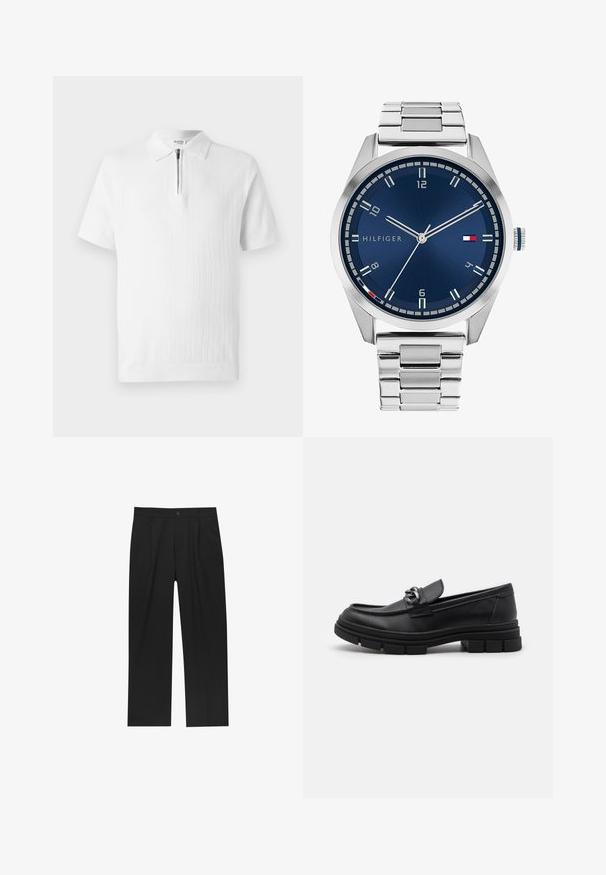 Grå långärmad ulljacka med silverfärgad dragkedja framtill och klassisk krage, uppställd mot en vit bakgrund.; Vit kortärmad polo med strukturerad stickning, med en dragkedjekrage och ribbad fåll. Ren design som passar för avslappnad användning.; Svarta byxor med rak ben-design, tillverkade av ett jämnt tyg. Har framfickor och en enkel knapplåsning i midjan.; Svart läderloafersko med rund tå, en dekorativ rem och hårdvara, samt en chunky texturerad sula. Slät finish med subtila detaljer.; Silver metall klocka med en borstad blå urtavla, vita timmarkörer och en datumvisning. Har ett länkande metallarmband och varumärkeslogotyp.
