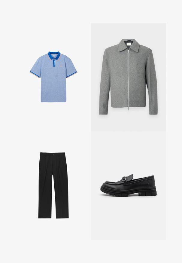 Šedý vlnený kabát s dlhým rukávom a predným strieborným zipsom, s klasickým golierom, vystavený na bielom pozadí.; Svietlo modrá polokošeľa s krátkymi rukávmi, s kontrastným modrým golierom a oranžovými akcentmi na okrajoch rukávov. Dizajn s dvoma gombíkmi v prednej časti.; Čierne nohavice s rovnými nohavicami, vyrobené z hladkej tkaniny. Majú predné puky a jediné gombíkové zapínanie v páse.; Čierne kožené mokasíny s okrúhlym špičkou, dekoračným pásikom a kovovými prvkami, a robustnou textúrovanou podrážkou. Hladký povrch s jemnými detailami.