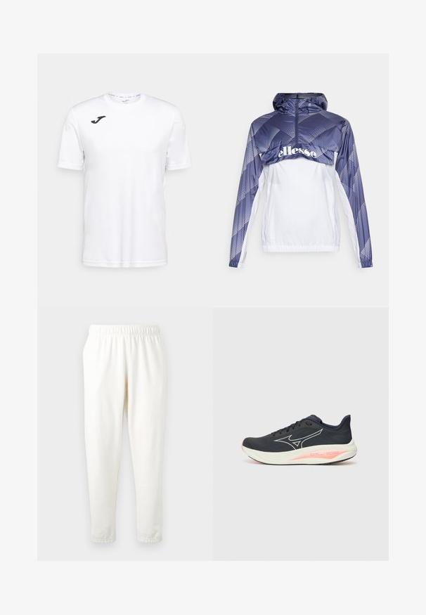 Sinine ja valge tuulejope kapuutsi ja geomeetriliste mustritega, millel on ees lukk. Lisatud elastne alläär ja varrukad.; Valge lühikeste varrukatega spordipolt, mis on valmistatud siledast kangast, musta logoga vasakul rinnal ja ümmarguse kaelusega.; Kreemjas värvuses elastne vöökoht, kitsenevate jalgadega dressipüksid, mis on valmistatud pehmest materjalist. Omab siledat tekstuuri ja ei sisalda nähtavaid mustreid ega aktsente.; Must musta jooksujalanõud siledast kangast pealmise osaga, millel on valge logo, roosa aktsent tallal ja ümar varvaste disain.