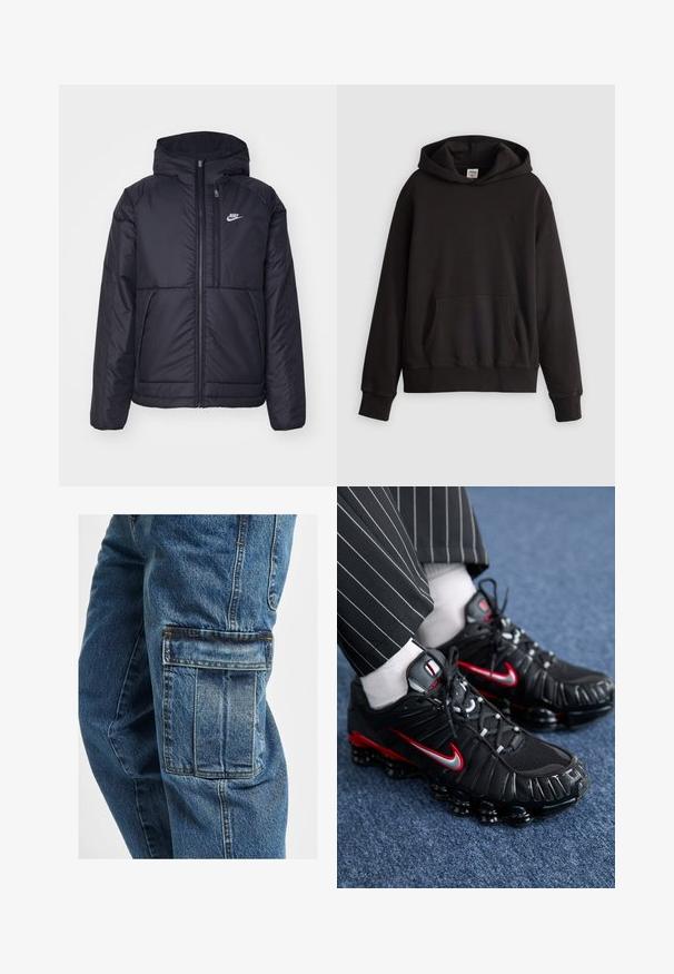 Juodas, paminkštintas Nike džemperis su priekyje užtrauktuku ir gobtuvu. Pasižymi balta logo kairėje krūtinės pusėje ir dviem priekinėmis kišenėmis. Su lygiu išoriniu paviršiumi.; Juodas Levi's džemperis su kišene priekyje ir subtiliu logotipu išsiuvinėtu ant krūtinės, pateiktas prieš paprastą šviesią fono.; Džinsiniai cargo kelnių su laisvu siluetu, giliais šonais kišenėmis, nublukusia mėlyna spalva, tvirtu siuvimu ir šiek tiek tekstūruotu audiniu.; Juodi sportiniai bateliai su raudonais ir sidabriniais akcentais, tinkline ir tekstūruota sintetine medžiaga, raišteliais rišama konstrukcija ir matoma amortizuojanti padanga.