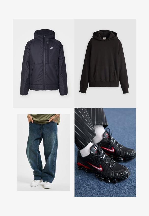 Melna, pufota Nike jaka ar priekšējo rāvējslēdzēju un kapuci. Iezīmēta ar baltu logotipu uz kreisās krūtis un divām priekšējām kabatām. Gluda ārējā tekstūra.; Melnas Levi's kapuces džemperis ar priekšējo kangaroo kabatu un smalku logo izšuvumu uz krūtīm, attēlots uz vienkārša gaiša fona.; Dangerous DNGRS BAGGY - Brīva piegriezuma džinsi - dark blue; Melnas sporta kurpes ar sarkaniem un sudraba akcentiem, ar acu sietu un teksturētu sintētisko materiālu, ar auklu dizainu un redzamu amortizācijas zoli.