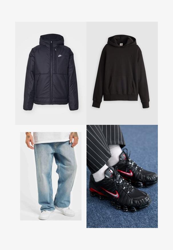 Črna, podložena Nike jakna z sprednjim zadrgo in kapuco. Ima bel logo na levem prsnem delu in dvojna sprednja žepa. Gladka zunanja tekstura.; Črna kapuca Levi's z žepom za roke spredaj in diskretno vezenim logotipom na prsih, prikazana na svetli enobarvni podlagi.; Svijetloplave traperice s opuštenim krojem, s ravnim nogavicama i suptilnim izbljeđenjem. U paru s bijelim tenisicama.; Črne športne čevlje z rdečimi in srebrnimi poudarki, iz mrežaste in teksturirane sintetične materiale, vezani dizajn in vidna oblika oblazinjenja.