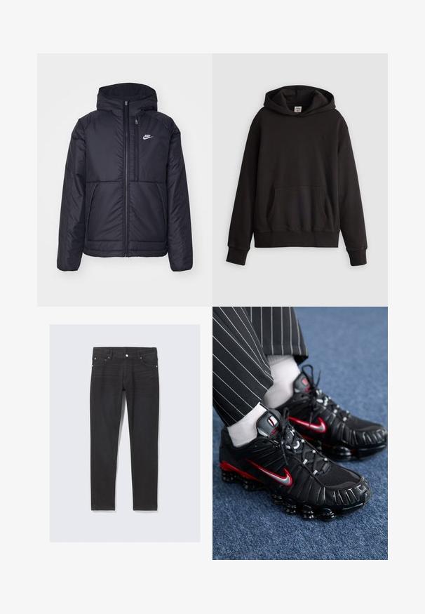 Must musta Nike jope, millel on ees lukuga avamine ja kapuuts. Vasakpoolne rind on kaunistatud valge logoga ning ees on kaks taskut. Sile välimine tekstuur.; Mustra mustar must räätsine ilmu esikott ja diskreetne logo tikand rinnal, esitletud heledal tasapinnal.; Must have mustat teksad, slim fit, millel on ees taskud, nupuväärat ja diskreetne õmblusdetail külgõmblustes.; Mustad mustree jalatsid punaste ja hõbedaste detailidega, võrkmaterjalist ja tekstuursete sünteetiliste materjalidega, nööridega disain ja nähtav pehmendus talla.