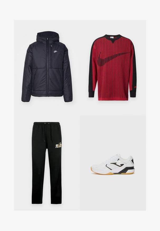Melna, pufota Nike jaka ar priekšējo rāvējslēdzēju un kapuci. Iezīmēta ar baltu logotipu uz kreisās krūtis un divām priekšējām kabatām. Gluda ārējā tekstūra.; Sarkans adīts džemperis ar melnām vertikālām svītrām, melnām piedurknēm un melnu Nike logotipu. Aprīkots ar apaļu kakla izgriezumu un ribotām aprocēm.; Melnas sporta bikses no mīksta auduma ar elastīgu jostu un auklām, sašaurinātām kājām un zelta izšūtu "nike" logotipu.; Baltas sporta apavi ar melniem akcentiem, teksturēts sieta augšdaļa, perforācijas gaisa caurlaidībai, bieza gumijas zole un saistoša dizaina.
